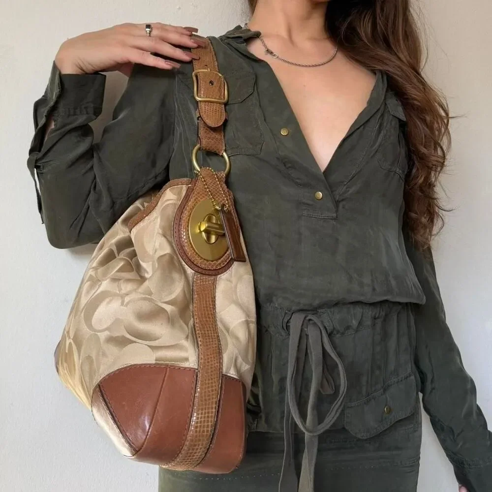 Coach Peyton Signature Sateen Snake Hobo Bag in tan colorway - Picture 6 of 8